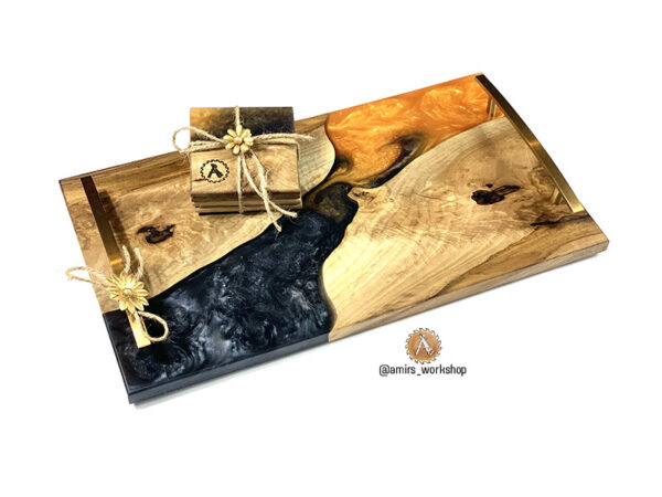 "Lava" Serving Board and Coasters – Walnut & Epoxy - Image 3