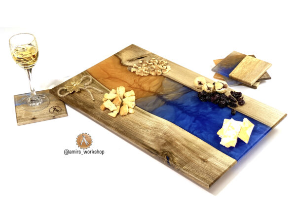 "See to Sun": Walnut epoxy charcuterie board with matching coasters