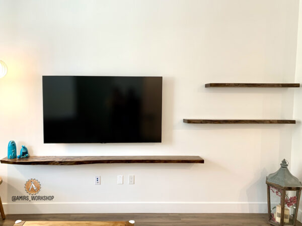 Custom-made Live edge shelves for Livingroom - Turquoise epoxy and Elm wood - Image 3