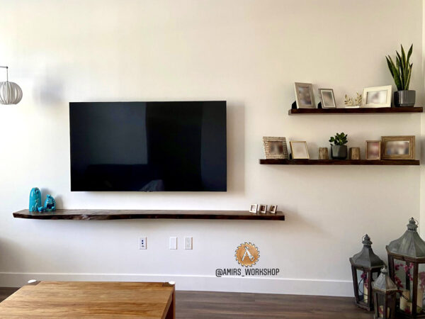 Custom-made Live edge shelves for Livingroom - Turquoise epoxy and Elm wood - Image 4