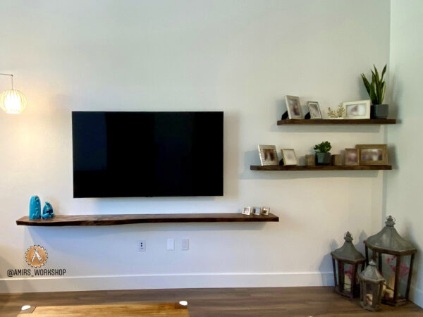 Custom-made Live edge shelves for Livingroom - Turquoise epoxy and Elm wood - Image 7