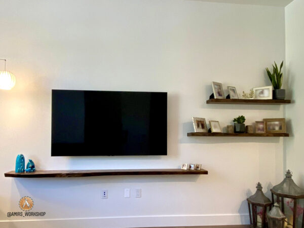 Custom-made Live edge shelves for Livingroom - Turquoise epoxy and Elm wood - Image 8