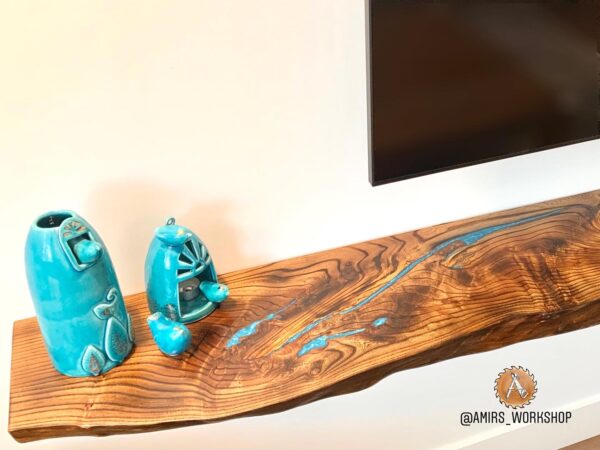 Custom-made Live edge shelves for Livingroom - Turquoise epoxy and Elm wood - Image 2